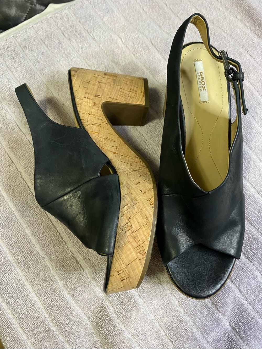 Geox Respira Black Leather Cork Platform Wedge Slingback Sandals 39